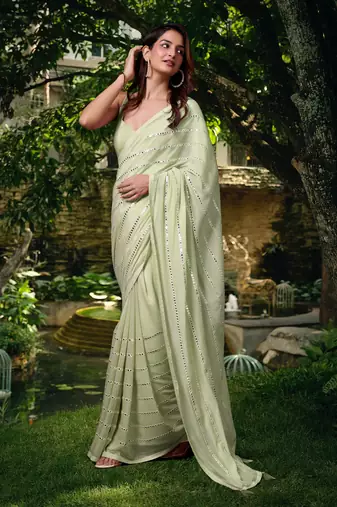 Trendmalls  Chocolate Silk Real Mirror Work Embroidery Saree For women