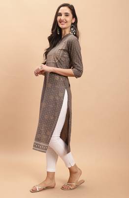 women's grey pure cambric cotton jaipuri printed kurti 4