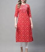 women's red pure cambric cotton bandhej print kurti