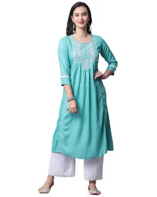 Rajnandini women's sky blue rayon slub embroidered kurti 1