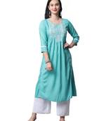 Rajnandini women's sky blue rayon slub embroidered kurti