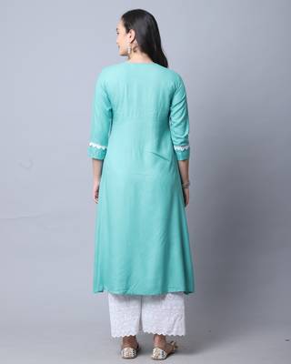Rajnandini women's sky blue rayon slub embroidered kurti 2