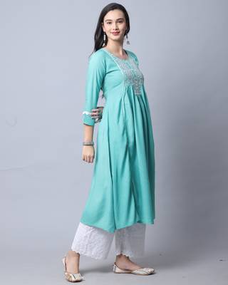 Rajnandini women's sky blue rayon slub embroidered kurti 4
