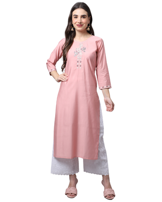 women's peach muslin embroidered kurti 1