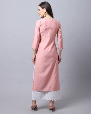 women's peach muslin embroidered kurti 2