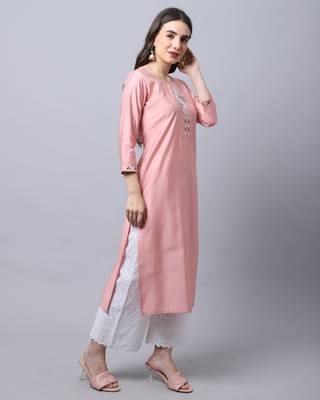 women's peach muslin embroidered kurti 4