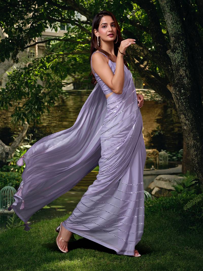  Chocolate Silk Real Mirror Work Embroidery Saree For women