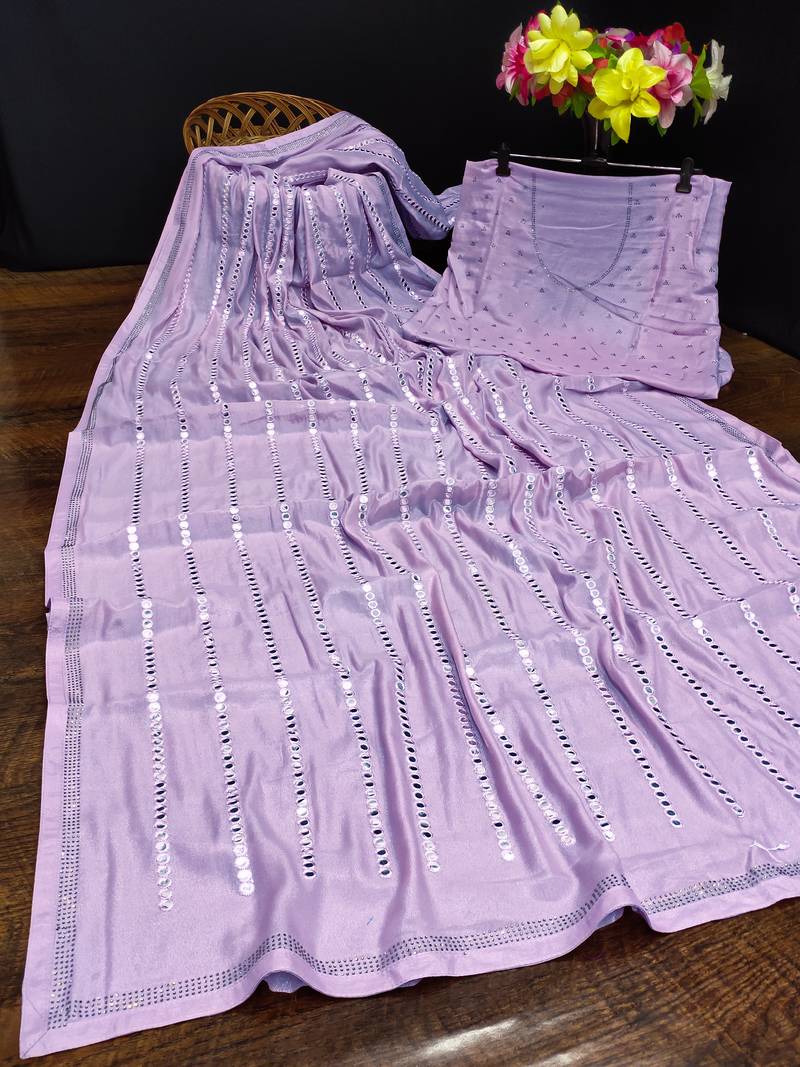  Chocolate Silk Real Mirror Work Embroidery Saree For women