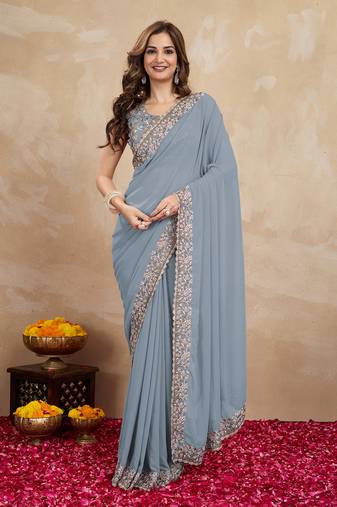 Grey Georgette Saree Embroidery Work Trendy Saree for Women