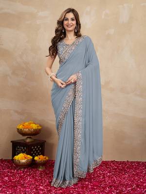 Trendmalls Trendmalls Grey Georgette Saree Embroidery Work Trendy Saree for Women 1