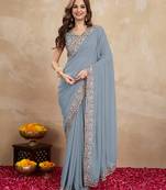 Trendmalls Grey Georgette Saree Embroidery Work Trendy Saree for Women