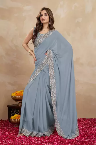 Trendmalls Trendmalls Grey Georgette Saree Embroidery Work Trendy Saree for Women