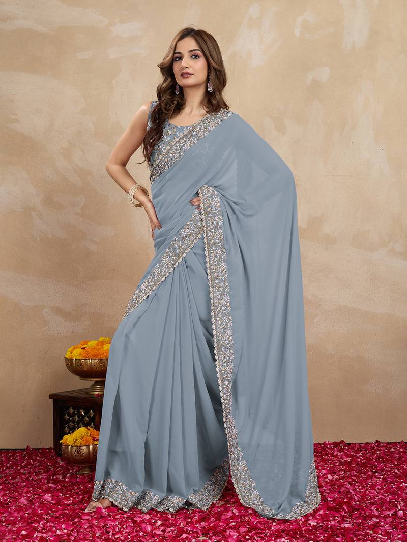 Trendmalls Grey Georgette Saree Embroidery Work Trendy Saree for Women