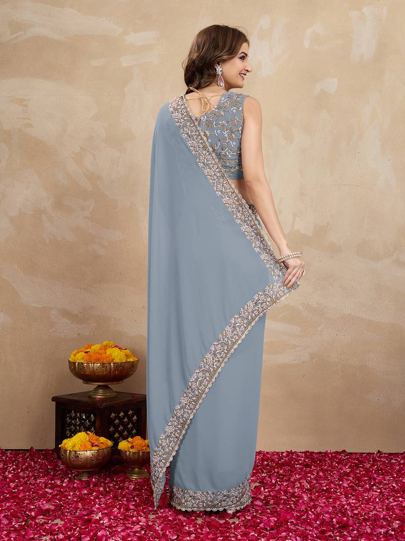 Trendmalls Grey Georgette Saree Embroidery Work Trendy Saree for Women