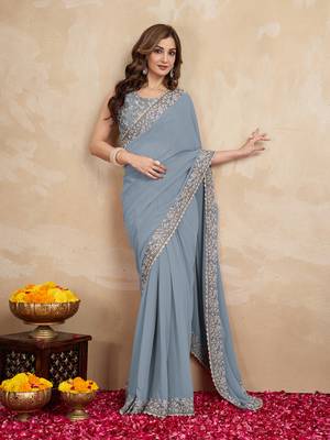 Trendmalls Trendmalls Grey Georgette Saree Embroidery Work Trendy Saree for Women 4