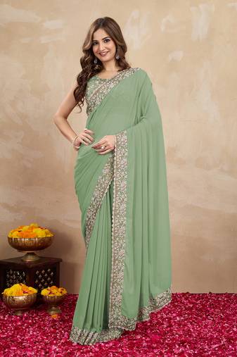 Light Green Georgette Woven Work Trendy Saree With Blouse