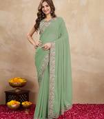 Light Green Georgette Woven Work Trendy Saree With Blouse