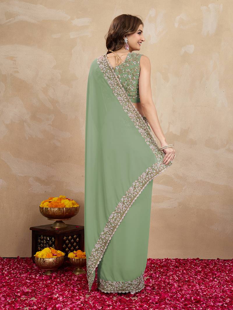 Light Green Georgette Woven Work Trendy Saree With Blouse