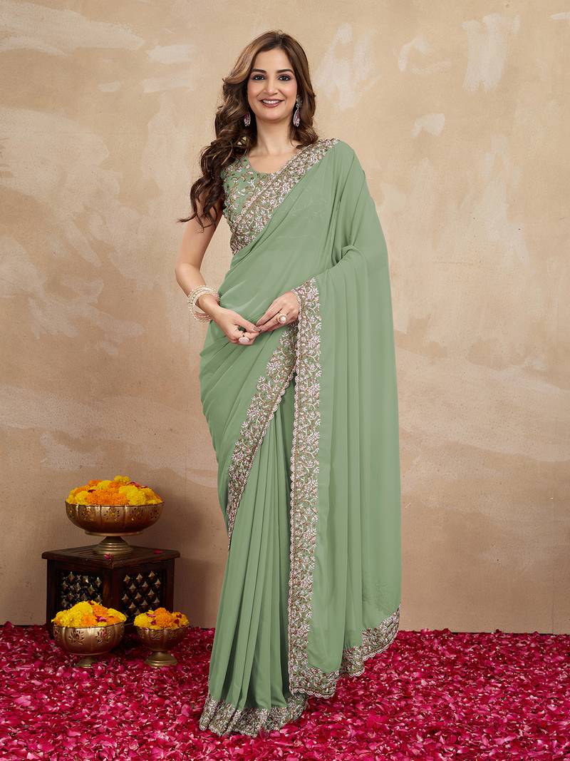 Light Green Georgette Woven Work Trendy Saree With Blouse