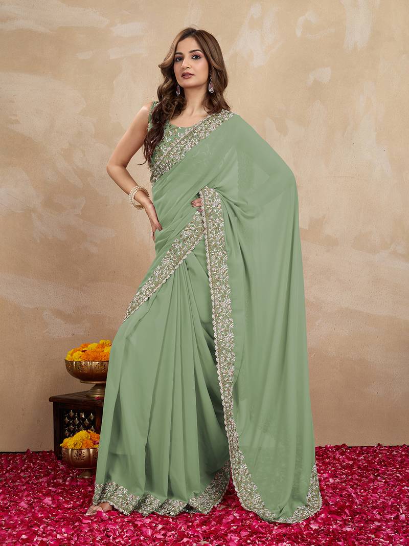 Light Green Georgette Woven Work Trendy Saree With Blouse