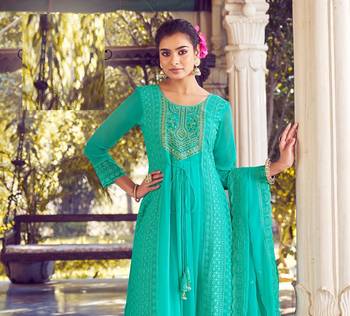 Aqua green karachi work a line georgette full stitched suits 1