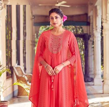 Peach karachi work a line georgette full stitched suits 1