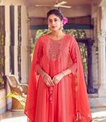 Peach karachi work a line georgette full stitched suits