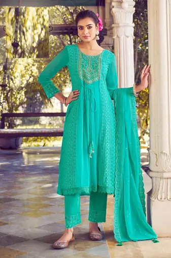 Aqua green karachi work a line georgette full stitched suits