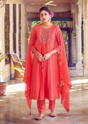 Peach karachi work a line georgette full stitched suits 2