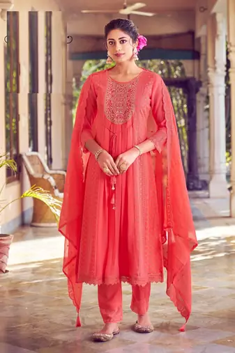 Peach karachi work a line georgette full stitched suits