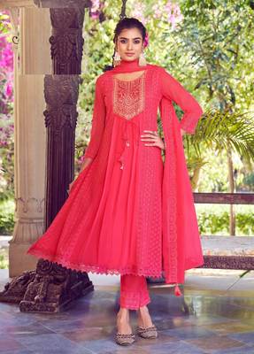 Pink karachi work a line georgette full stitched suits 2