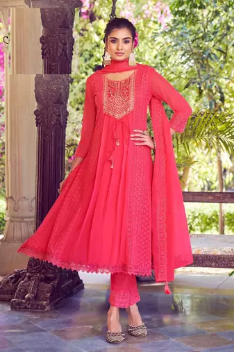 Pink karachi work a line georgette full stitched suits