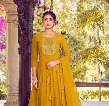 Yellow karachi work a line georgette full stitched suits 2
