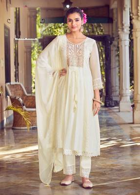 Off white karachi work a line georgette full stitched suits 2