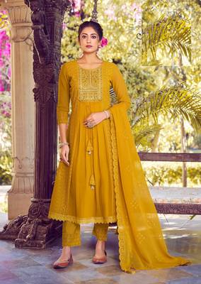 Yellow karachi work a line georgette full stitched suits 1