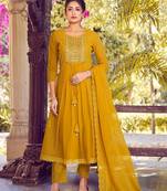 Yellow karachi work a line georgette full stitched suits