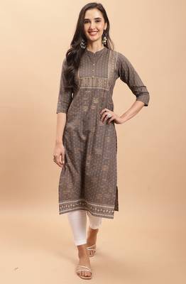 women's grey pure cambric cotton jaipuri printed kurti 1