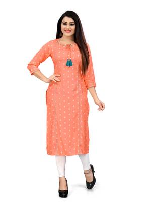 Rajnandini women's orange rayon slub jaipuri bandhani printed kurti 1