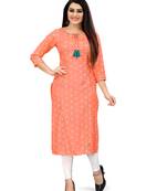 Rajnandini women's orange rayon slub jaipuri bandhani printed kurti