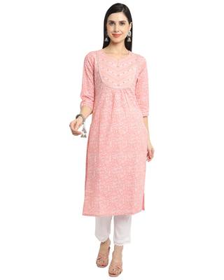 women's peach pure cambric cotton jaipuri printed & embroidered kurti 1