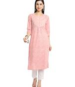 women's peach pure cambric cotton jaipuri printed & embroidered kurti