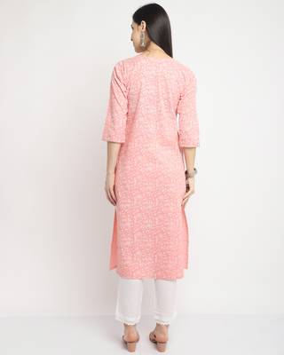 women's peach pure cambric cotton jaipuri printed & embroidered kurti 2