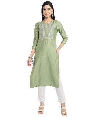 women's pista green chanderi viscous embroidered kurti 1