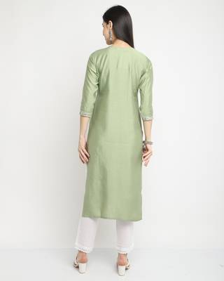 women's pista green chanderi viscous embroidered kurti 2