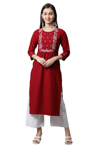 women's maroon pure cambric cotton embroidered kurti