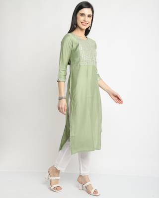 women's pista green chanderi viscous embroidered kurti 4