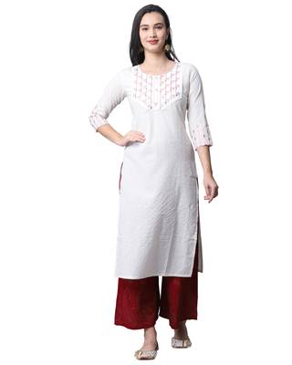 women's beige pure cambric cotton embroidered kurti 1
