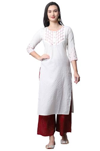 women's beige pure cambric cotton embroidered kurti