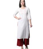 women's beige pure cambric cotton embroidered kurti