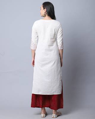 women's beige pure cambric cotton embroidered kurti 2